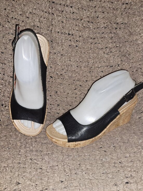 CROCS Shoes - CROCS-A-Leigh Black Leather Slingback Cork Wedge Sandals-Size 7-Excellent
